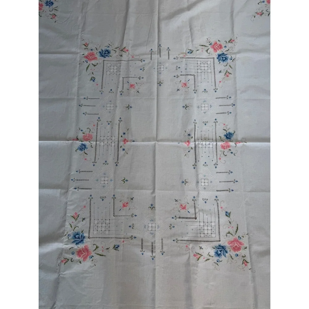 Vintage Boho Hand Embroidered Linen Tablecloth White Floral Cross Stitch 70x80